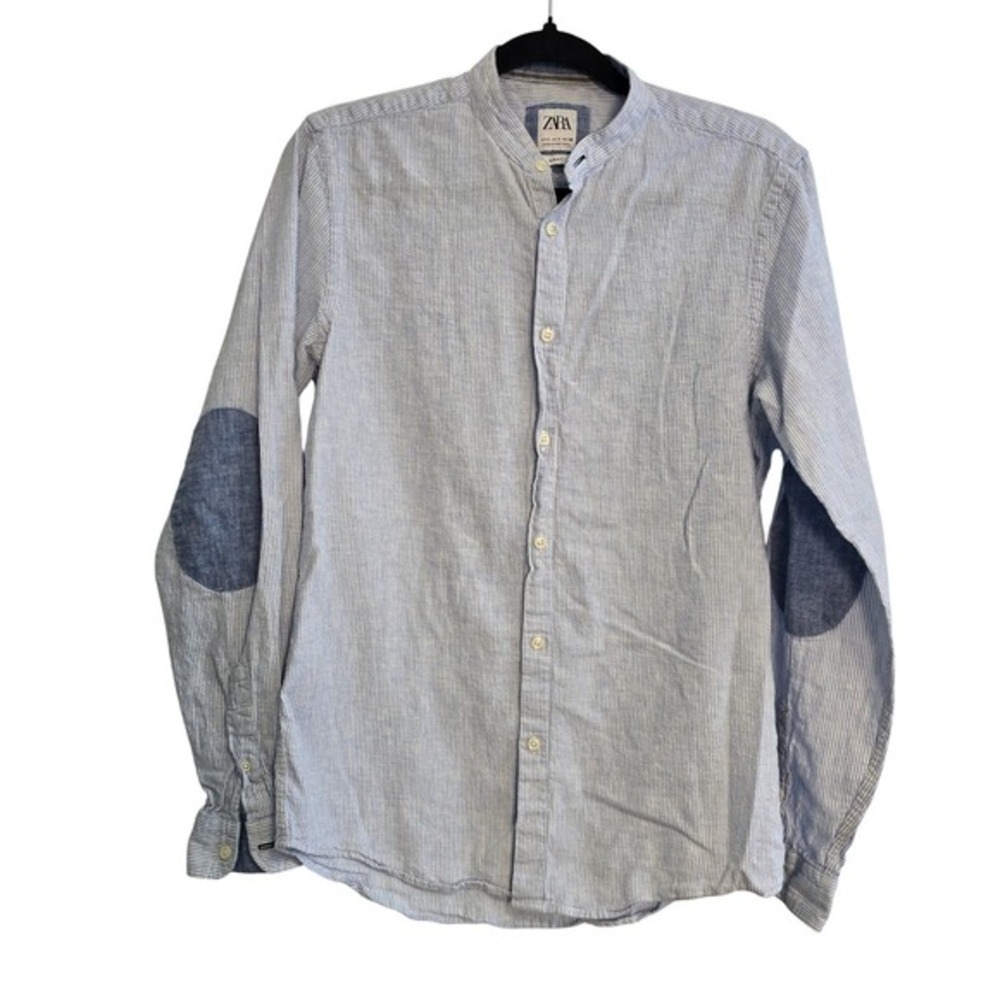 Zara Man Slim Fit Pinstripe Linen Blend Band Collar Shirt with Elbow Patches S